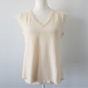 Lua-Benoa 100% Peruvian Cotton Crochet Trim Knit Top Women’s Large Cream